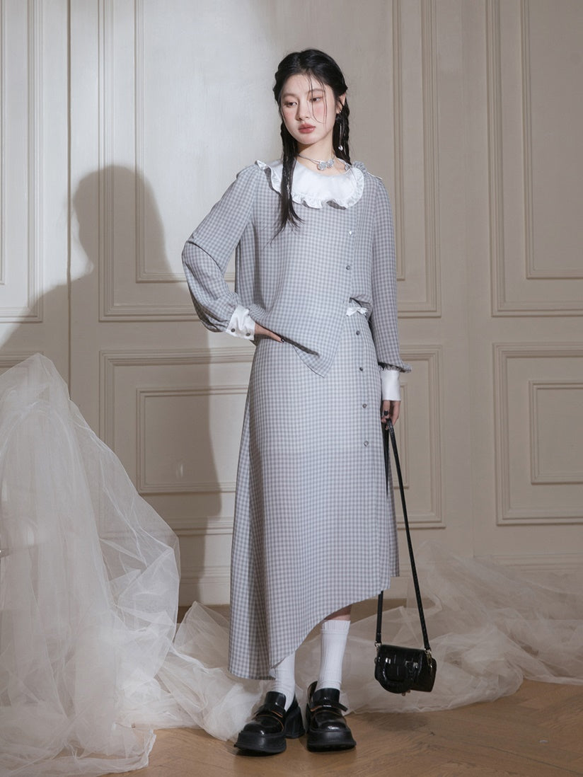 Contrast Color Plaid Shirt & Asymmetry Skirt Set-up