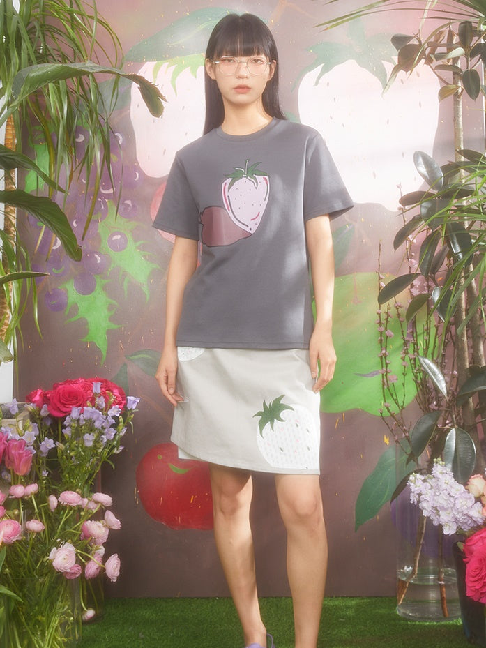 Strawberry Print Loose Round Neck T-shirt