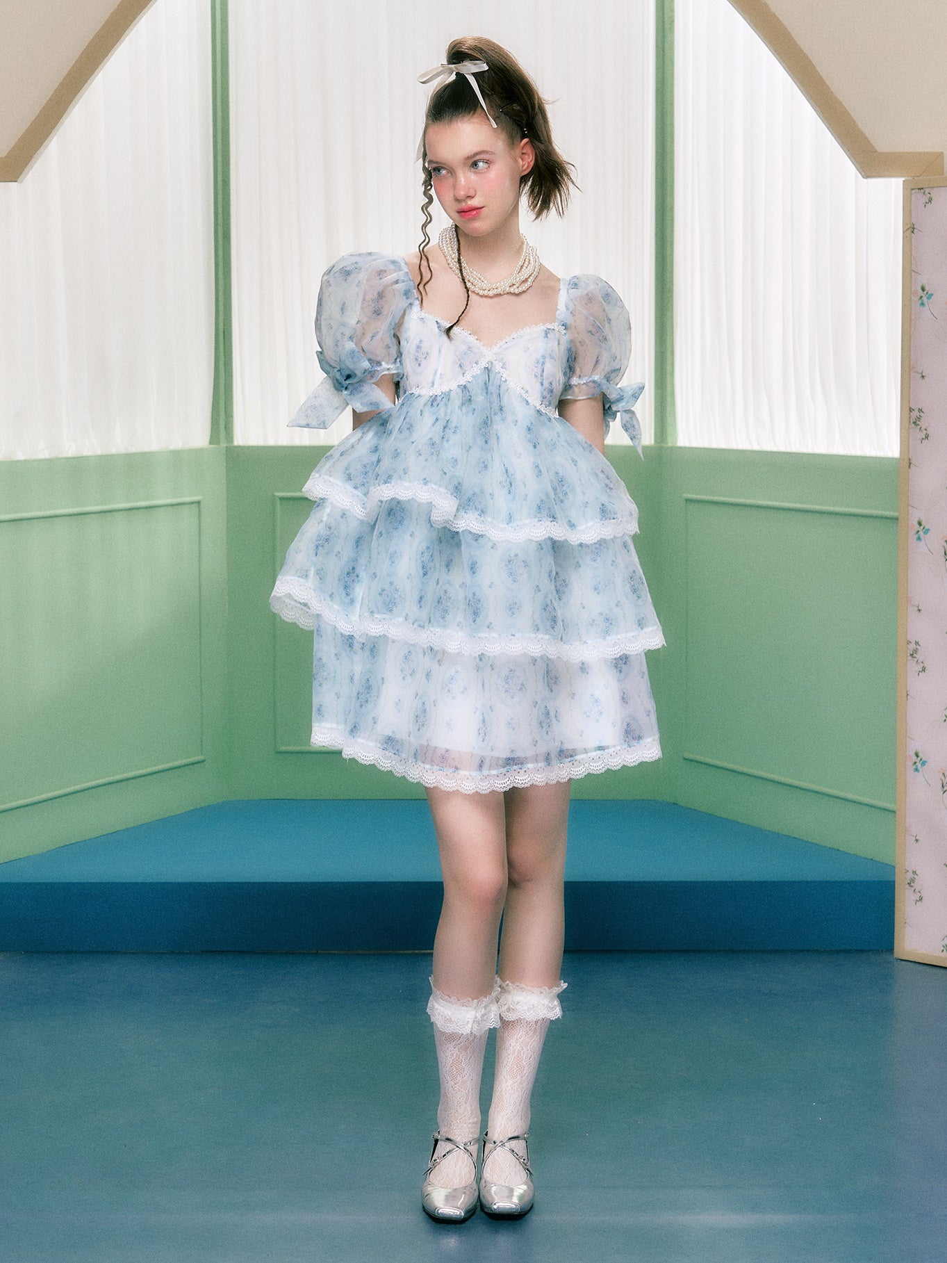 Organza Quadratkragen Puffhülsenkleid Kleid
