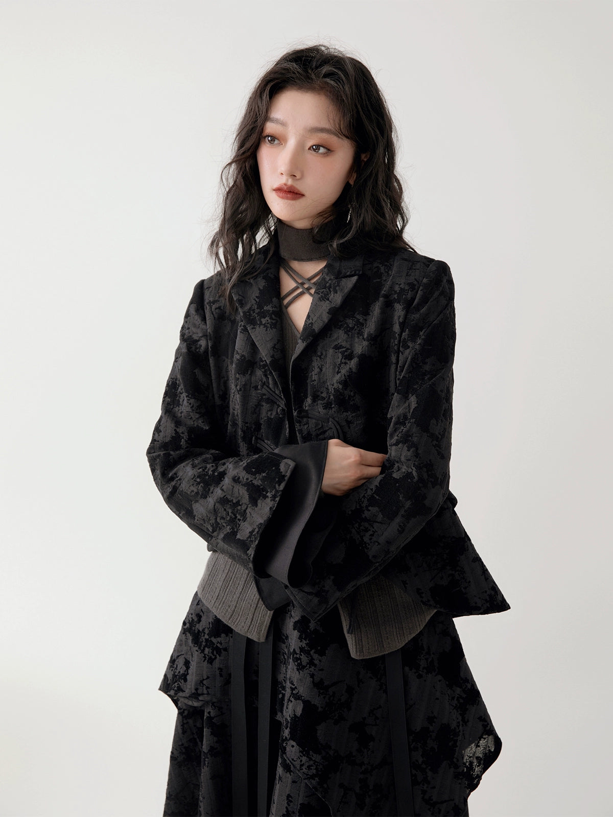 Chinese Style Flare Sleeve Jacket & Asymmetrical Skirt