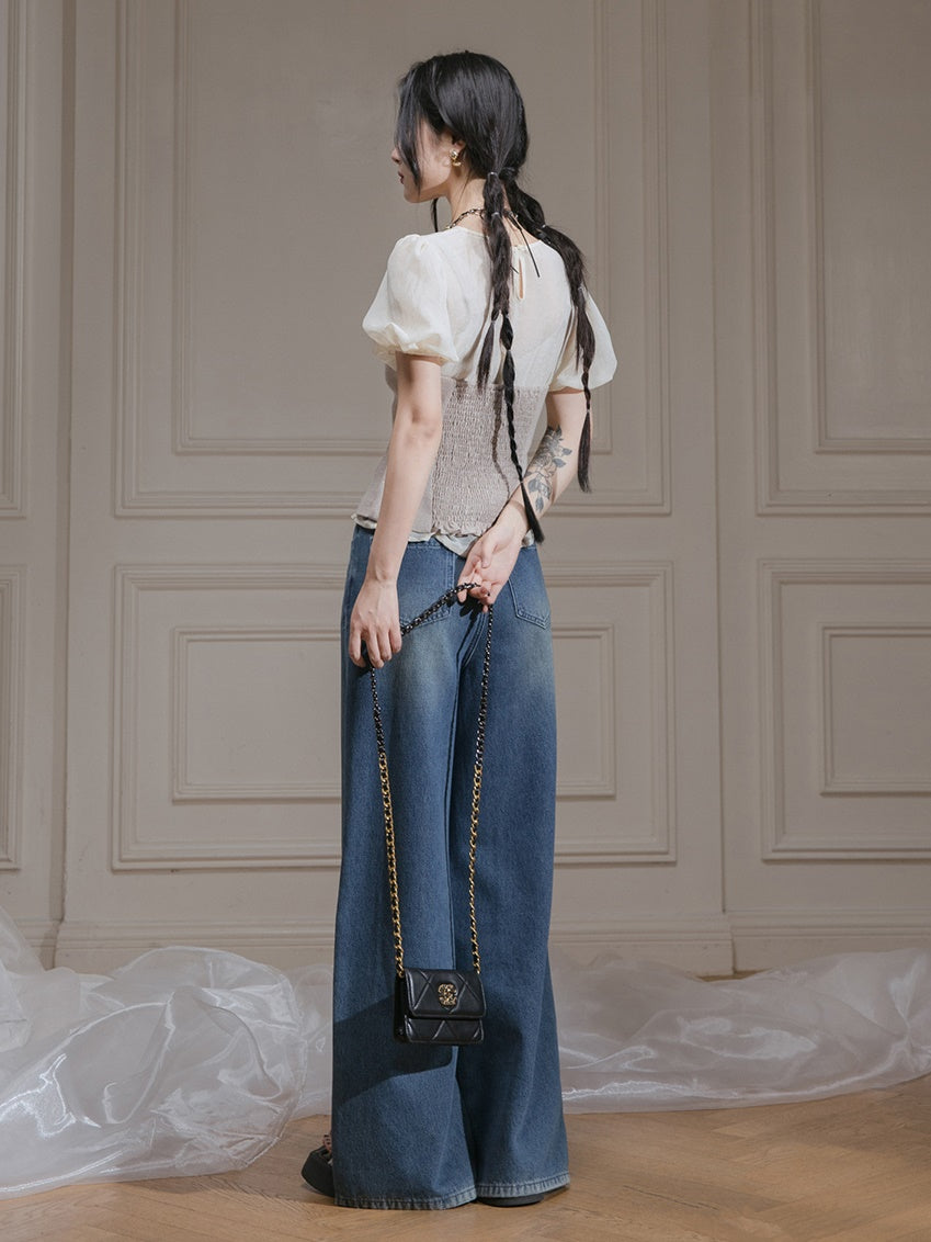 Puff Sleeve Sheer Shirt & Bear top Vest Set-up