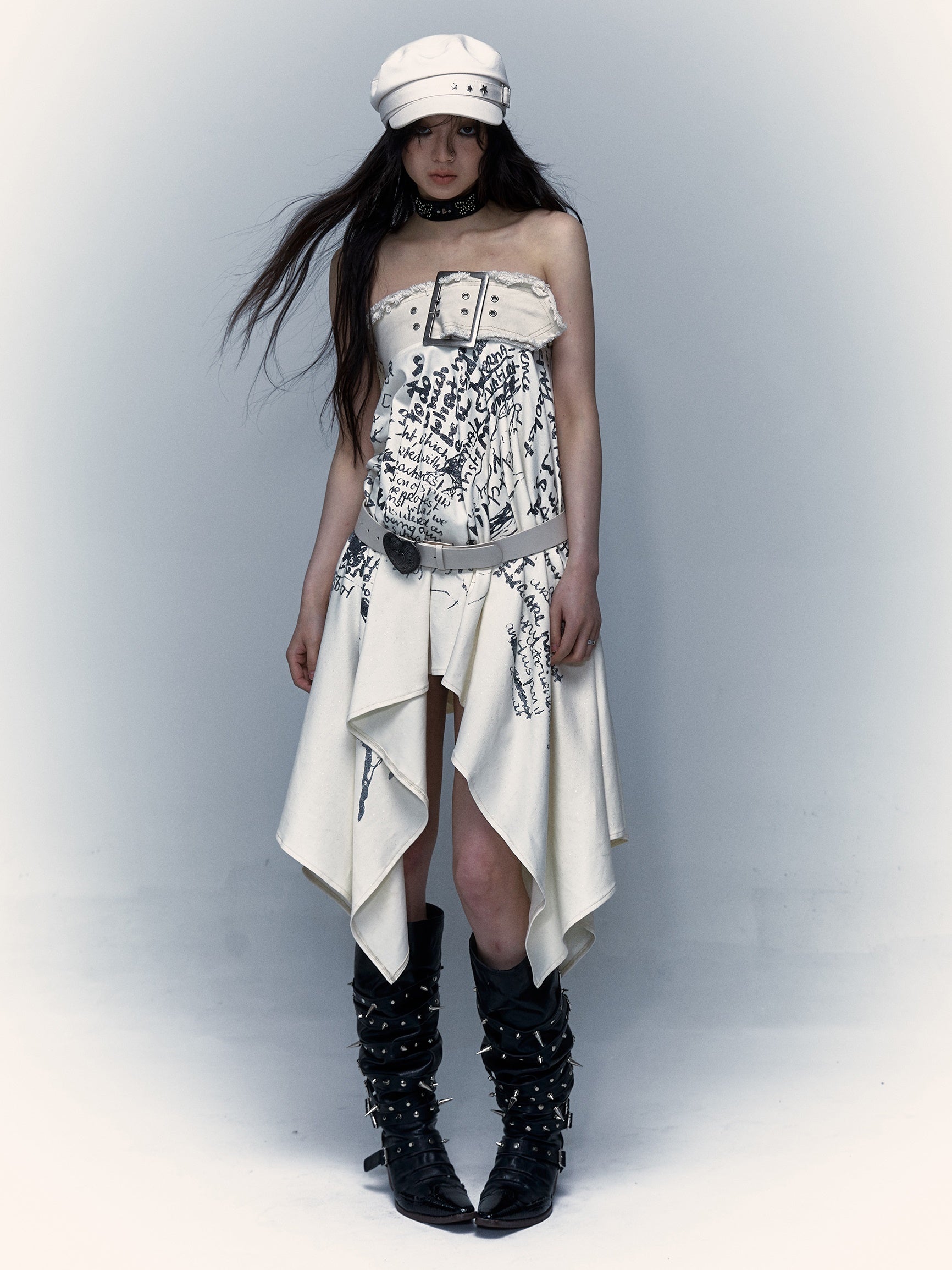 Print 2way Bare-top Belted Skirt