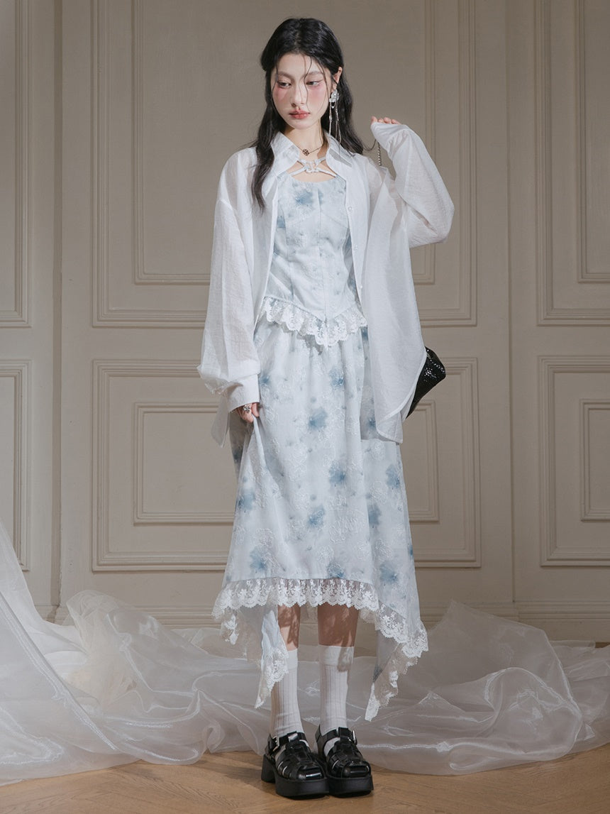 Rose Ink Printed Lace Sleeveless Top & Irregular Hem Skirt Set-up