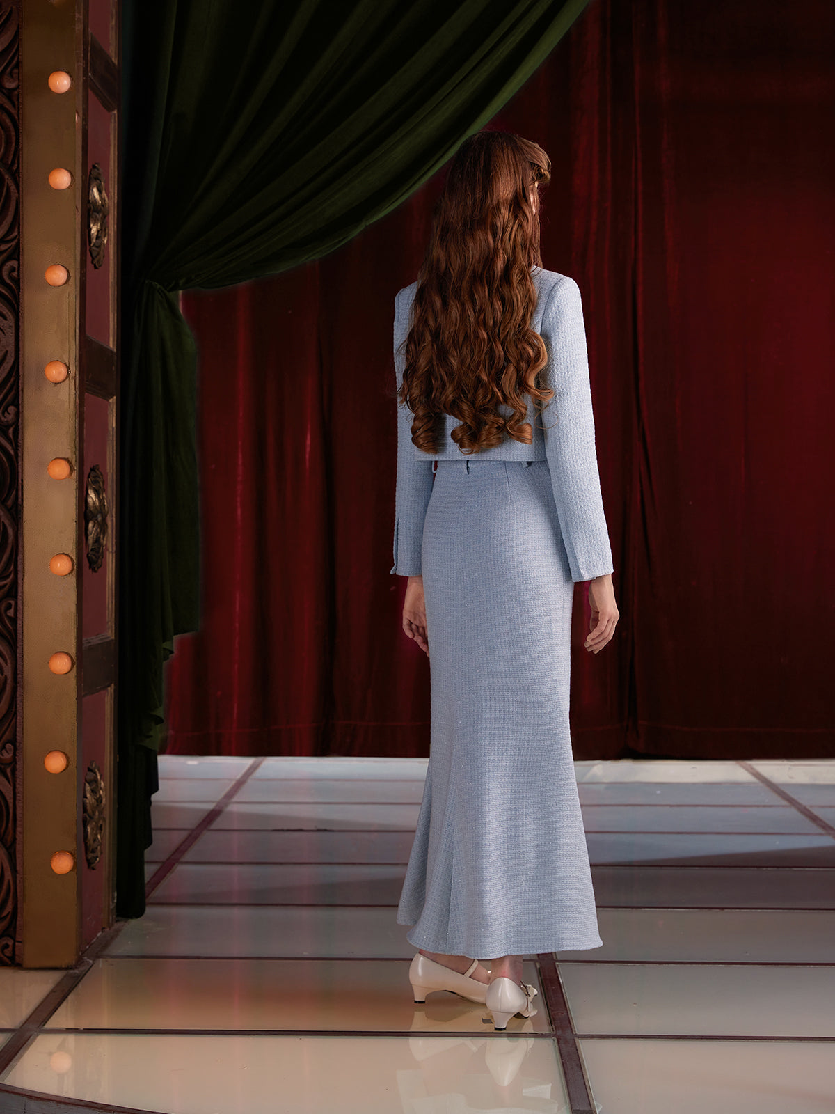 Pleated Ruffled Switching Tweed Touch Jacket & Mermaid Skirt