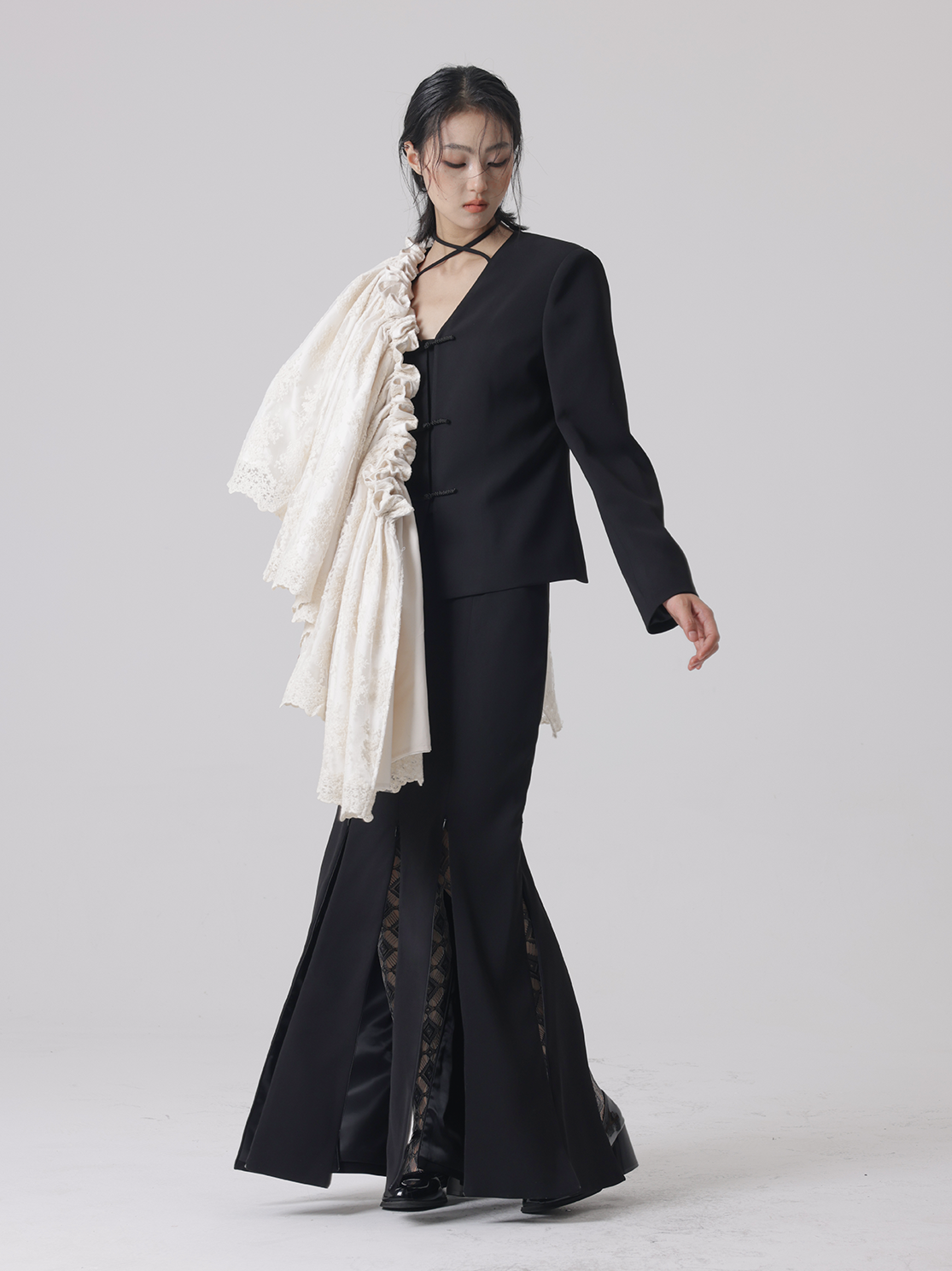 Detachable Lace V-neck Jacket & Slit Skirt