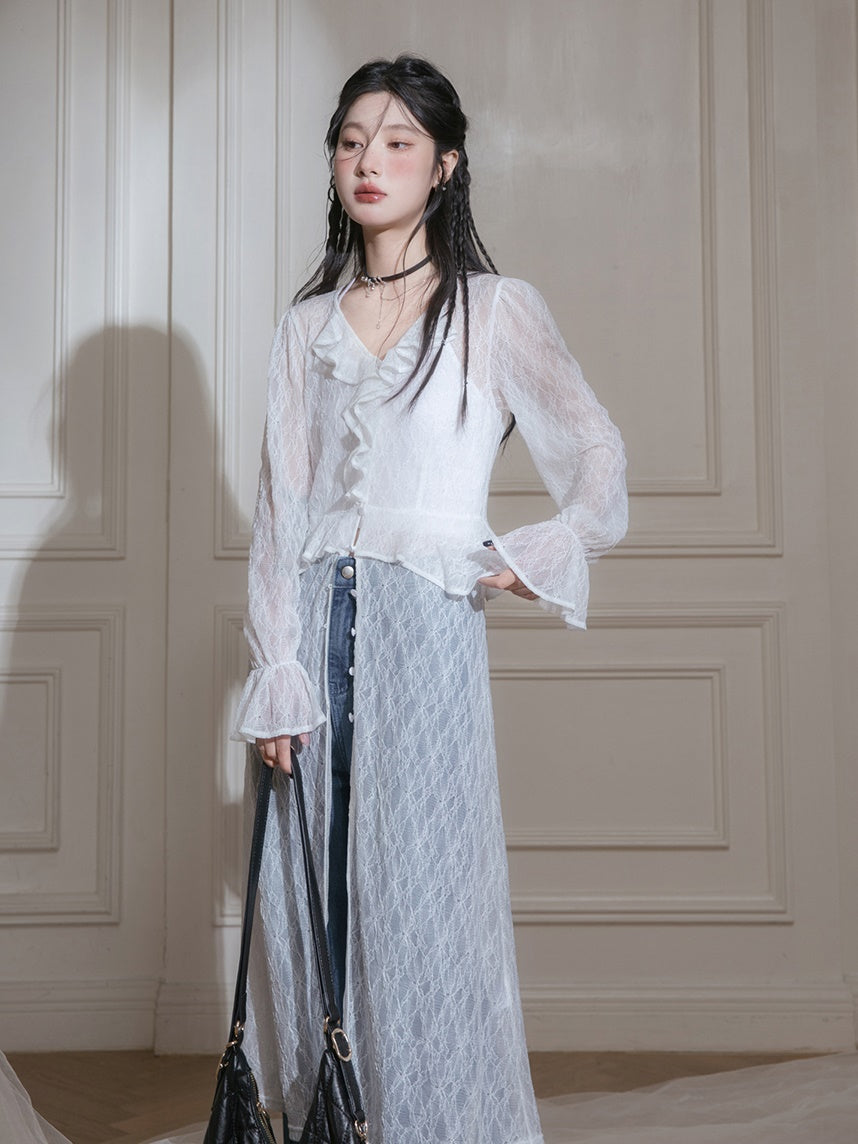 Lace V-neck Sheer Dress & Halter-neck Camisole Set-up