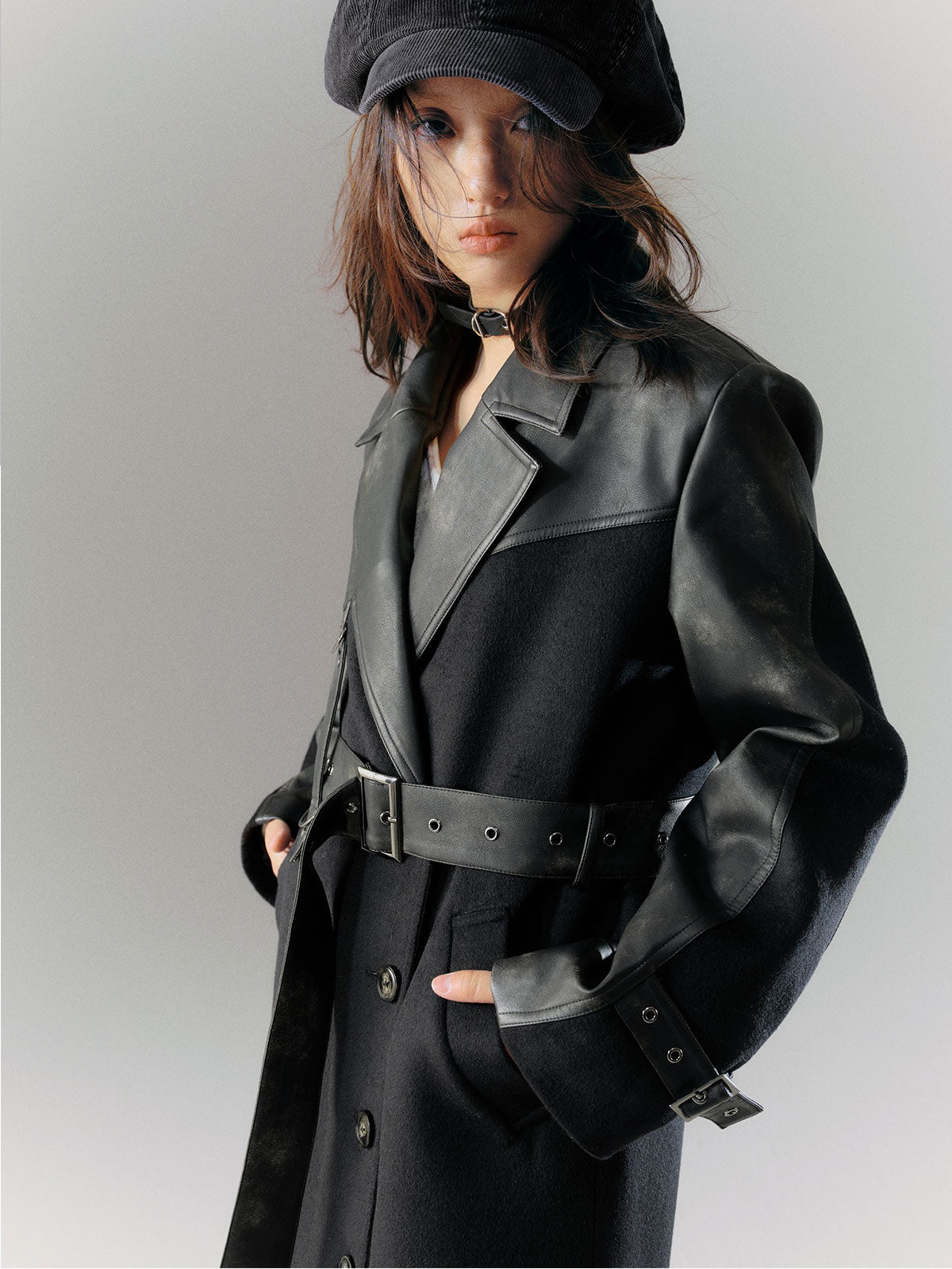 Tie-dye Leather Switching Belted Coat