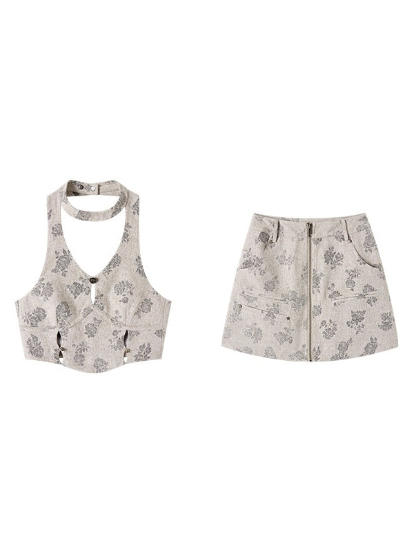 Floral Halter-neck Vest Top & Short Skirt Set-up