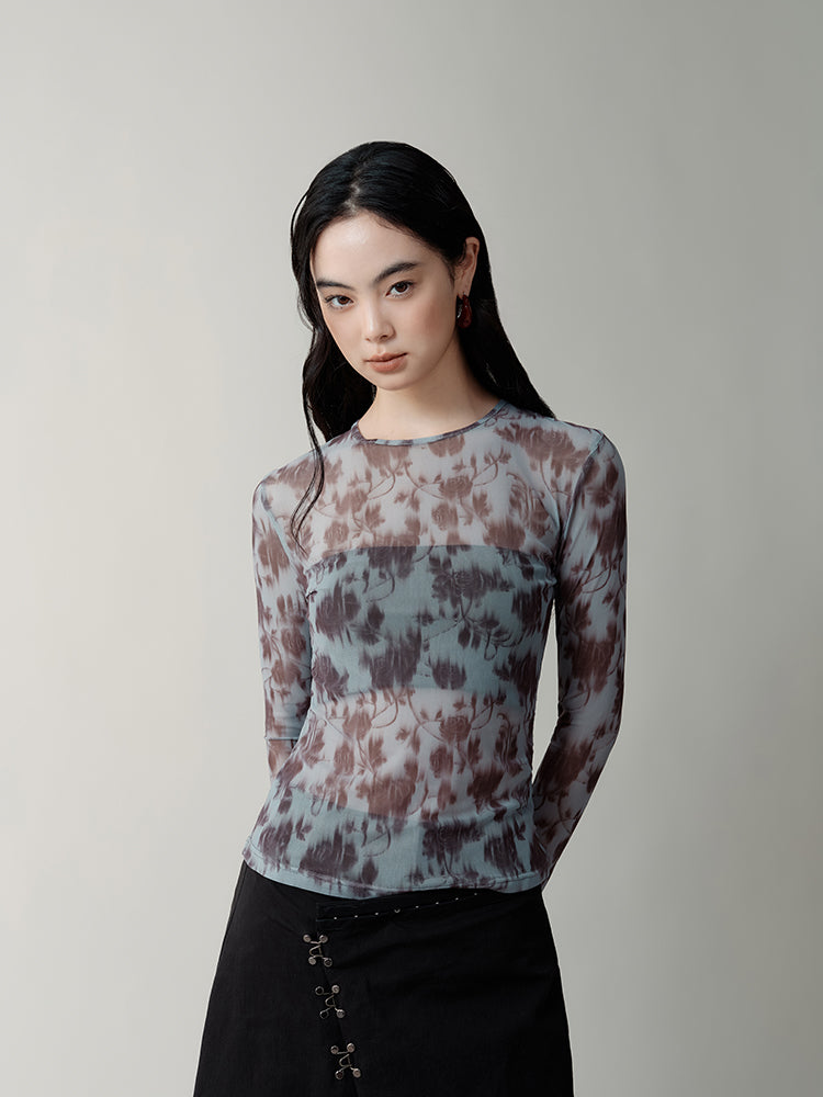 Digital Rose Printed Mesh T-shirt