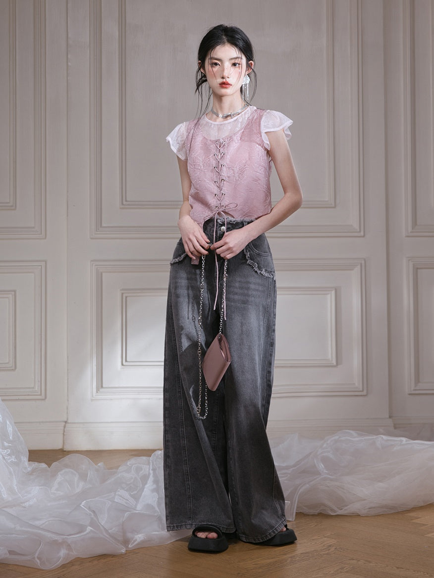 Small Flying Sleeve T-Shirt & Embossed Lace-Up Vest Setup & Long Skirt