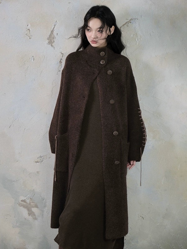 High-Neck Loose Long Soft Waxy Coat