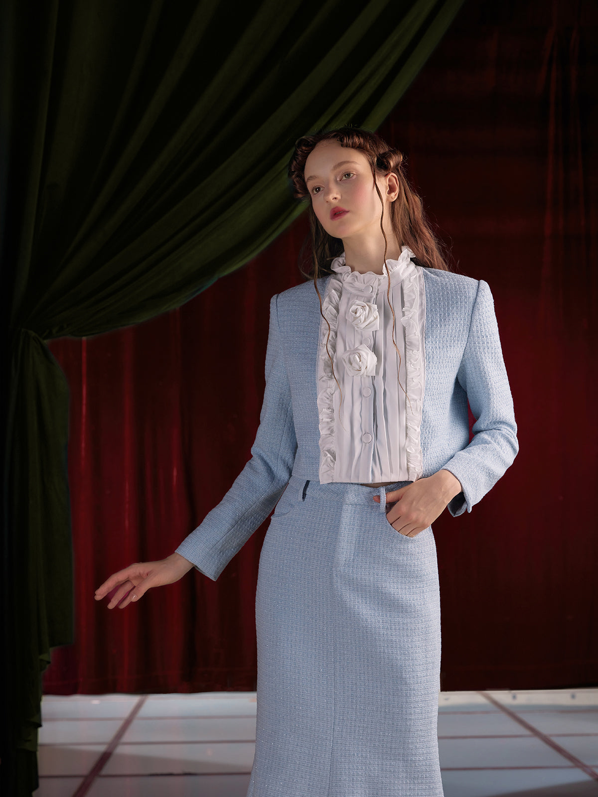 Pleated Ruffled Switching Tweed Touch Jacket & Mermaid Skirt