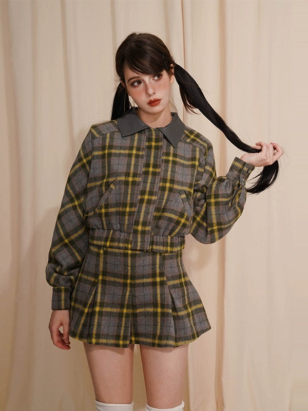 Plaid Short Navy Collar Jacket & Pleated Skirt