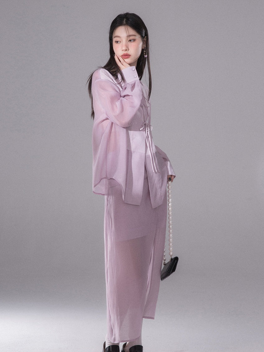 No Collar Sunscreen Shirt & Sheer Skirt