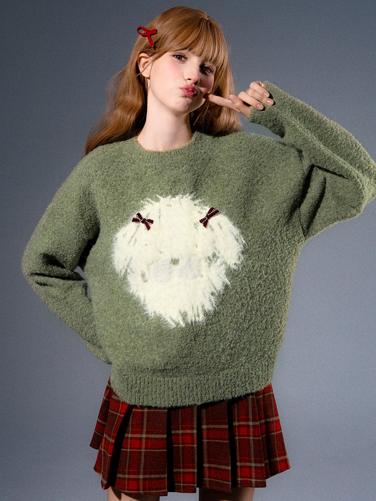 Crew Hals süßer Welpe -Hoop -Strickpullover