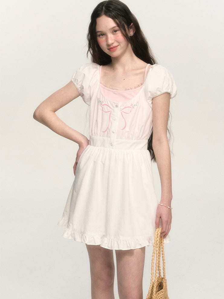 French Retro Bow Embroidery Puff Sleeve A-line One-piece