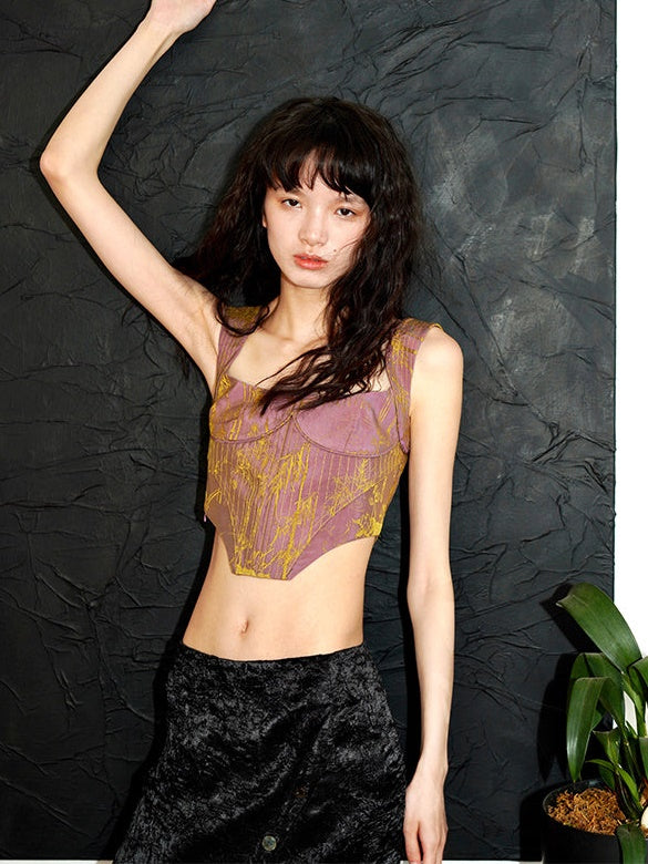 자카드 백 레이스 업 슬림 코르셋 탑