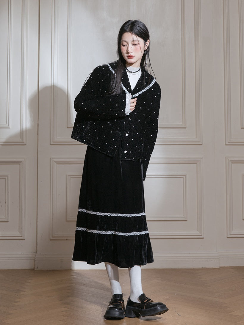 Velvet Bead-flower Short Jacket & Lace Stitch Cake Skirt