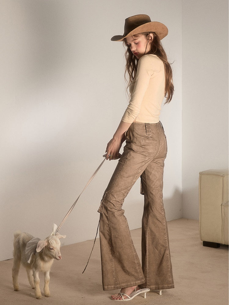 Slender Washed Retro Design Flare Pants