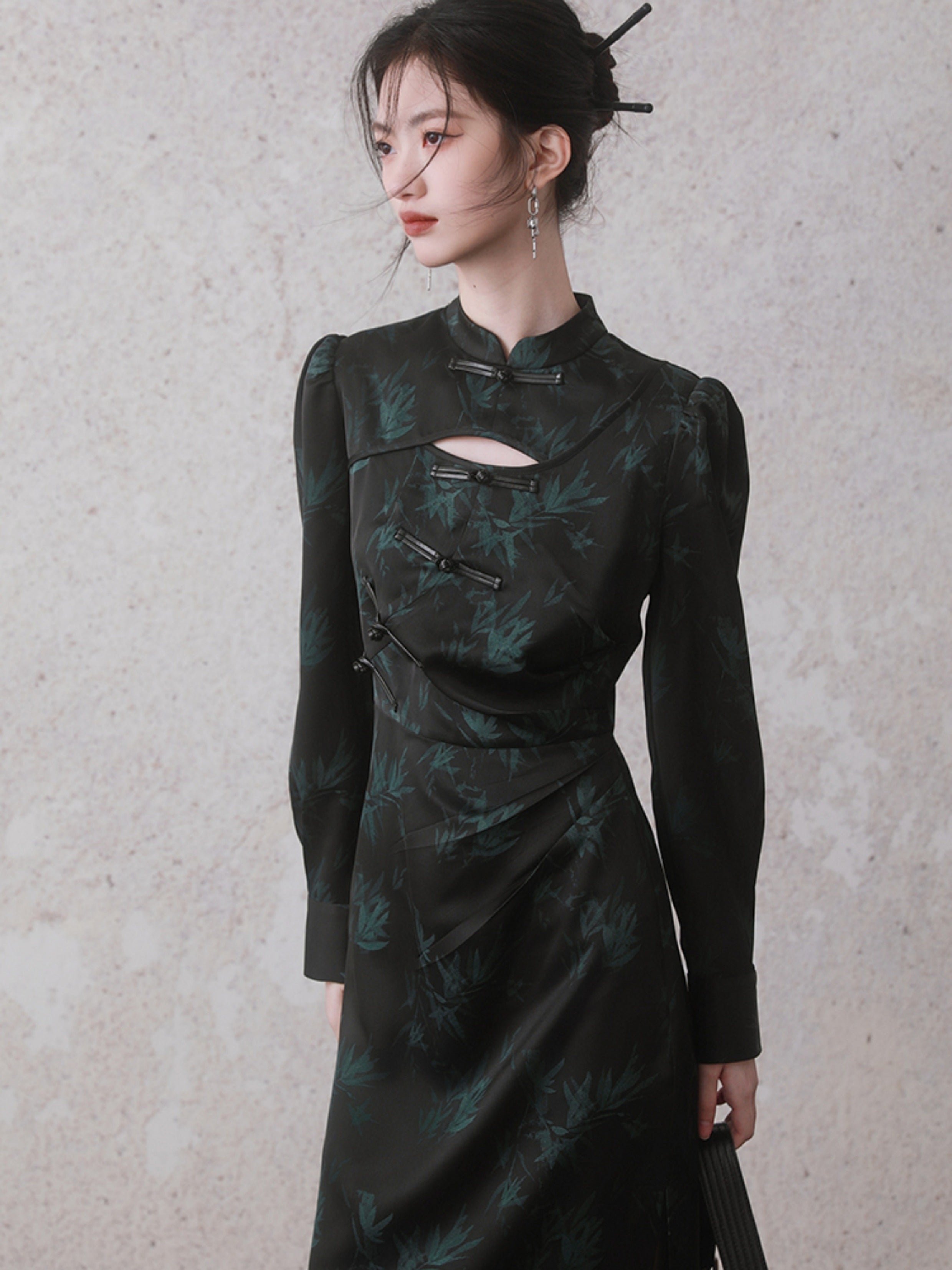 Bamboo Leaf Print Cheongsam Long Sleeve Dress