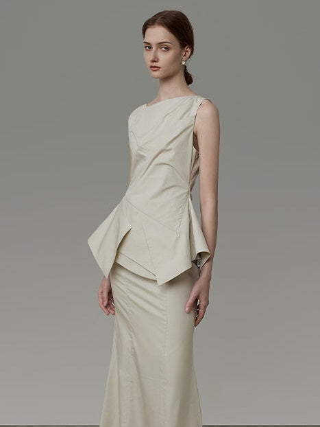 허리 비대칭 주름 디자인 소매가 상단