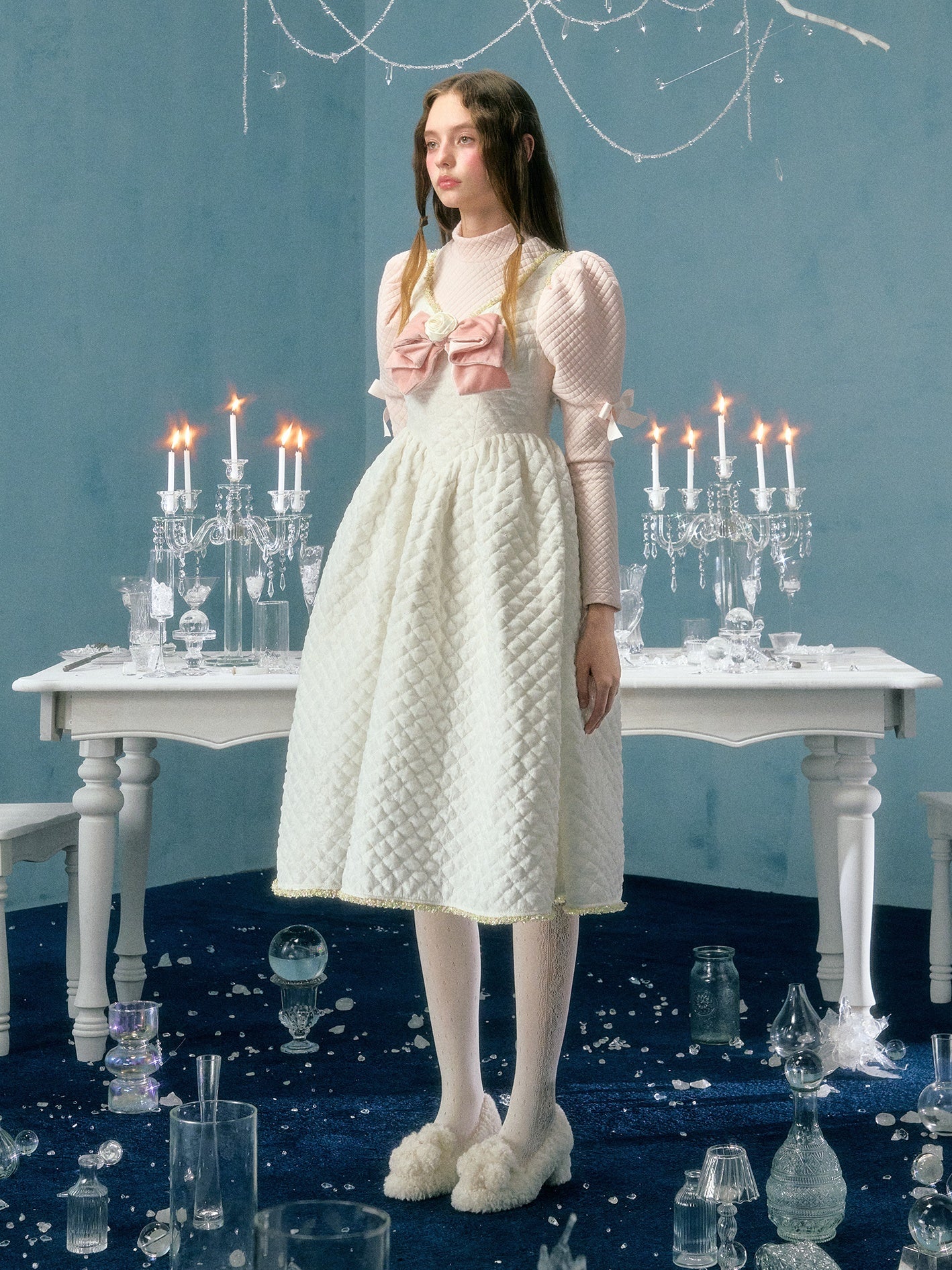 Lace Bow Flower Decoration Padded Suspender Dress & Puff Sleeve Top