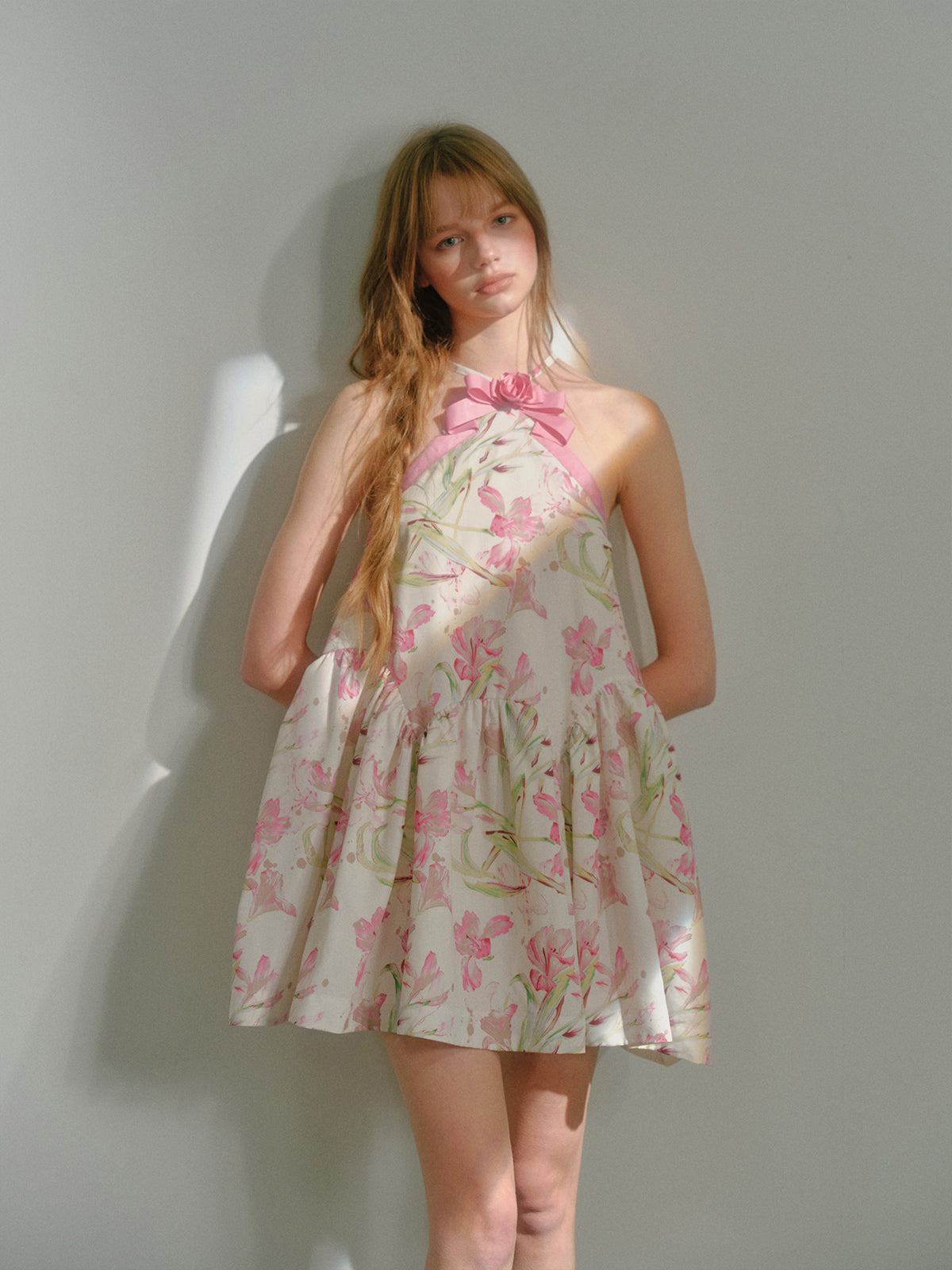 Halter Neck Floral Printed Sweet Bow Puffy Dress