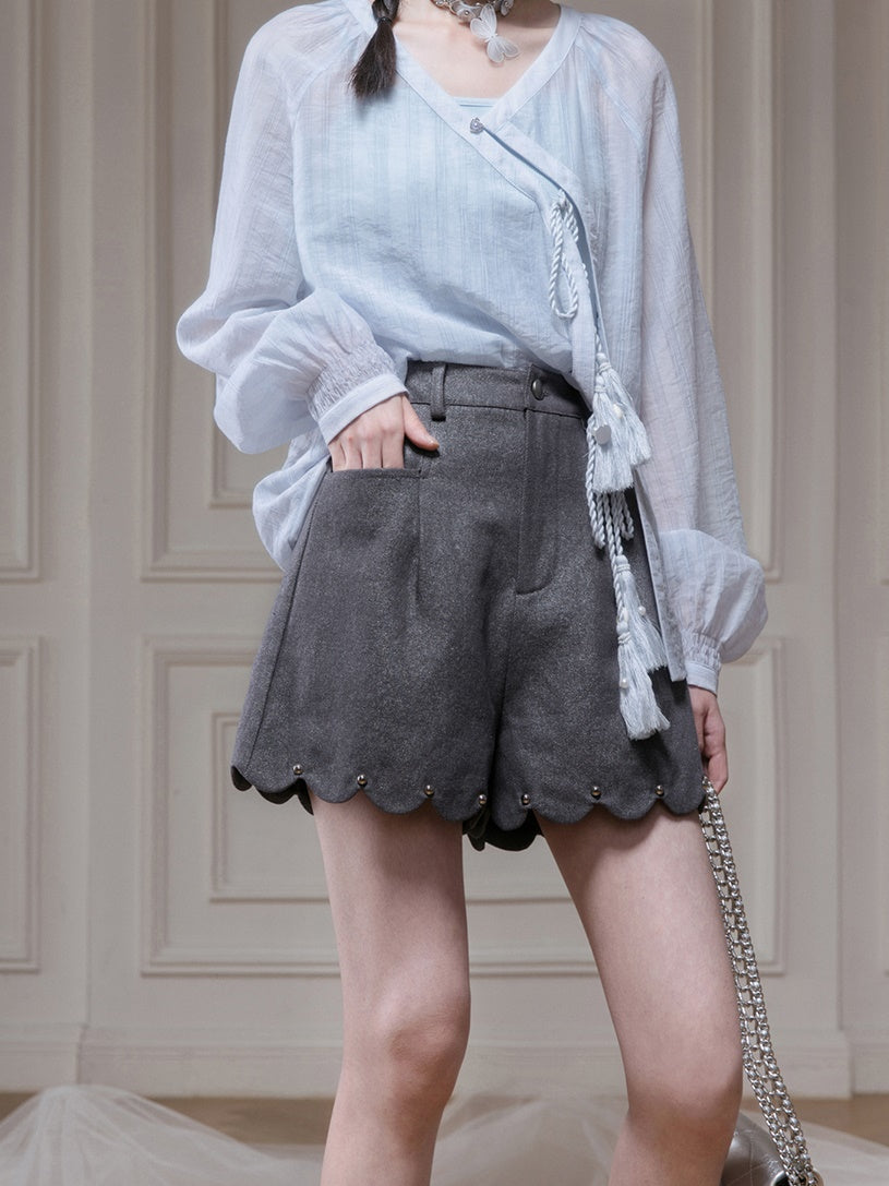 Oblique Placket Tie Sheer Shirt & Camisole Set-up
