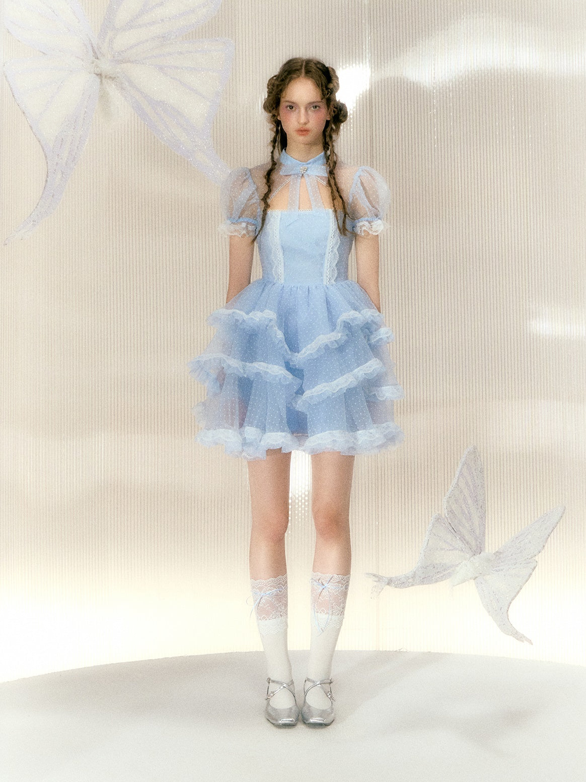 Polka Dot Rhinestone Bow Short-sleeved Lace Princess Dress