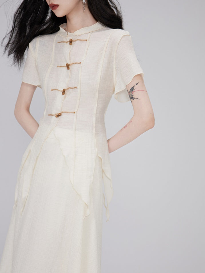 Irregular Hem Sheer Shirt & Layered Design Skirt