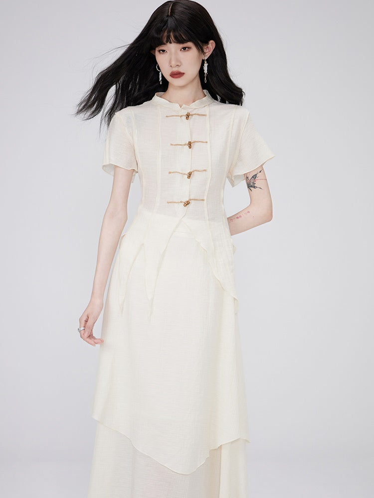 Irregular Hem Sheer Shirt & Layered Design Skirt