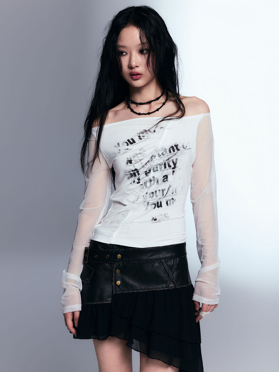 Print Off-shoulder Splicing Mesh Long-sleeved T-shirt