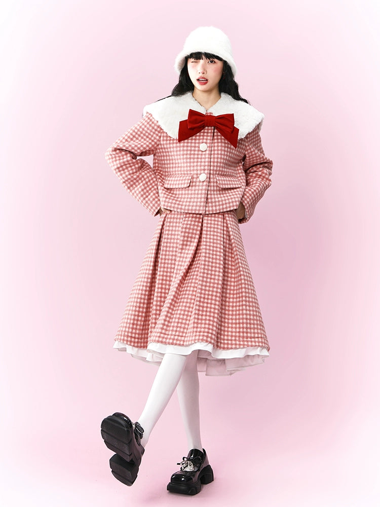 Retro Gingham Plaid Big Collar Jacket & Pleated Skirt