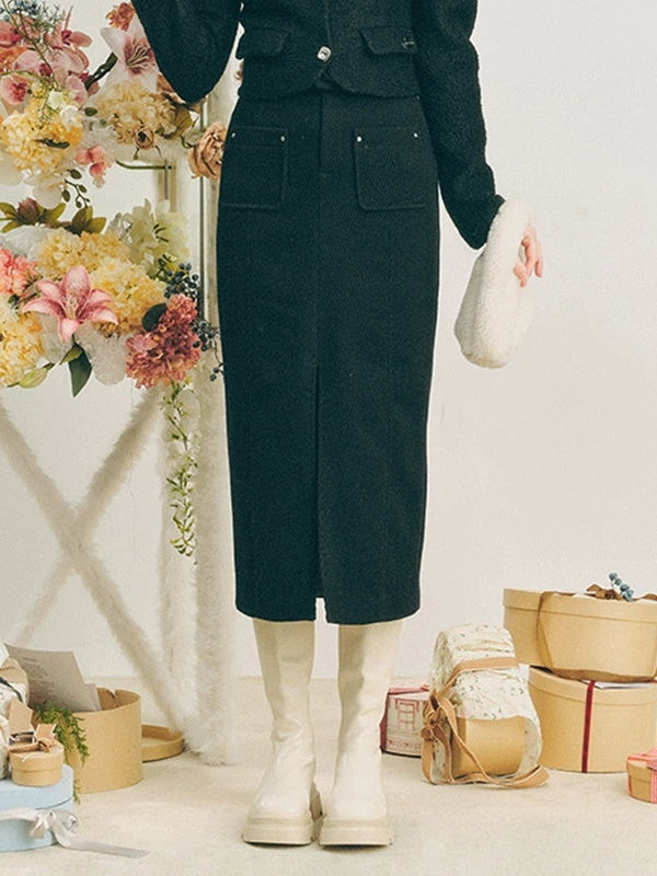 목 리본 디자인 짧은 재킷 및 슬릿 스커트