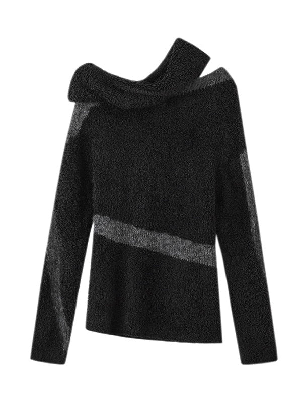 Patchwork Asymmetrical Pile Collar Sweater