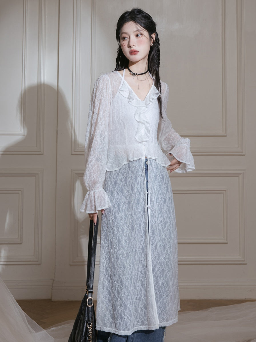 Lace V-neck Sheer Dress & Halter-neck Camisole Set-up