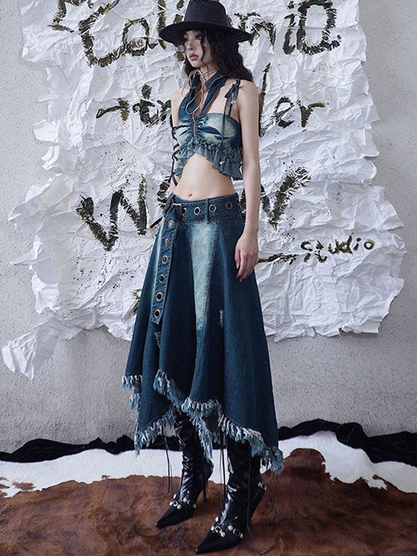 Fringed Irregular Hem Denim Circular Skirt