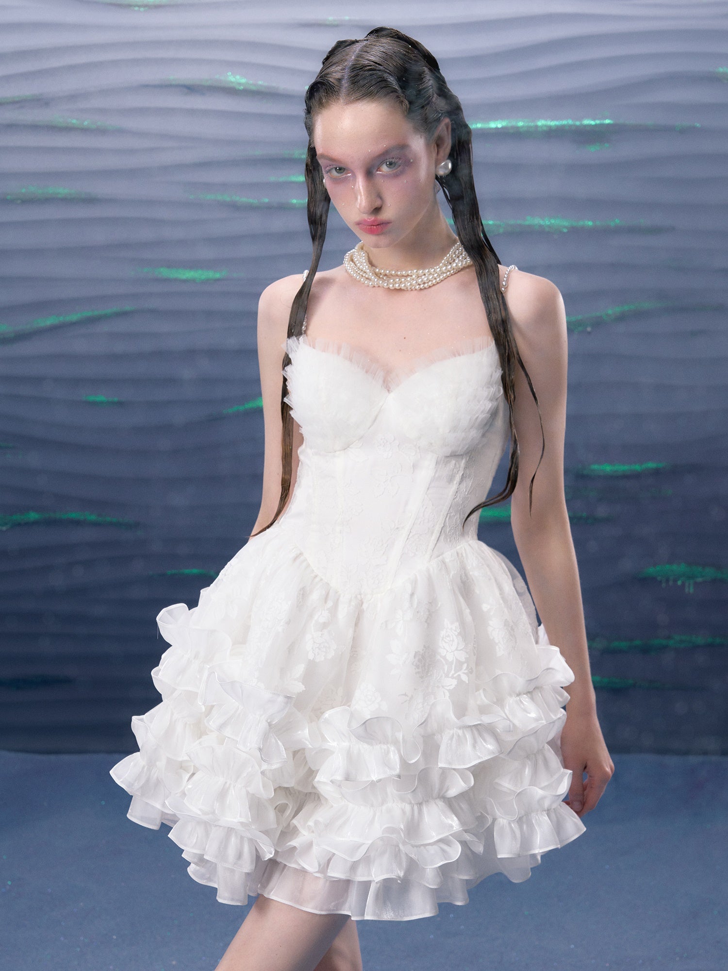 Organza Puffy Suspender Dress & Pearl Corset