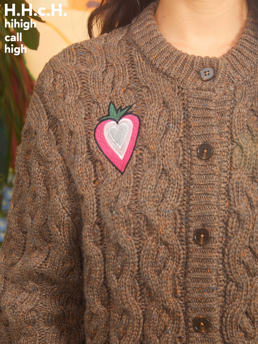 Love Strawberry Embroidered Cable Knitted Cardigan