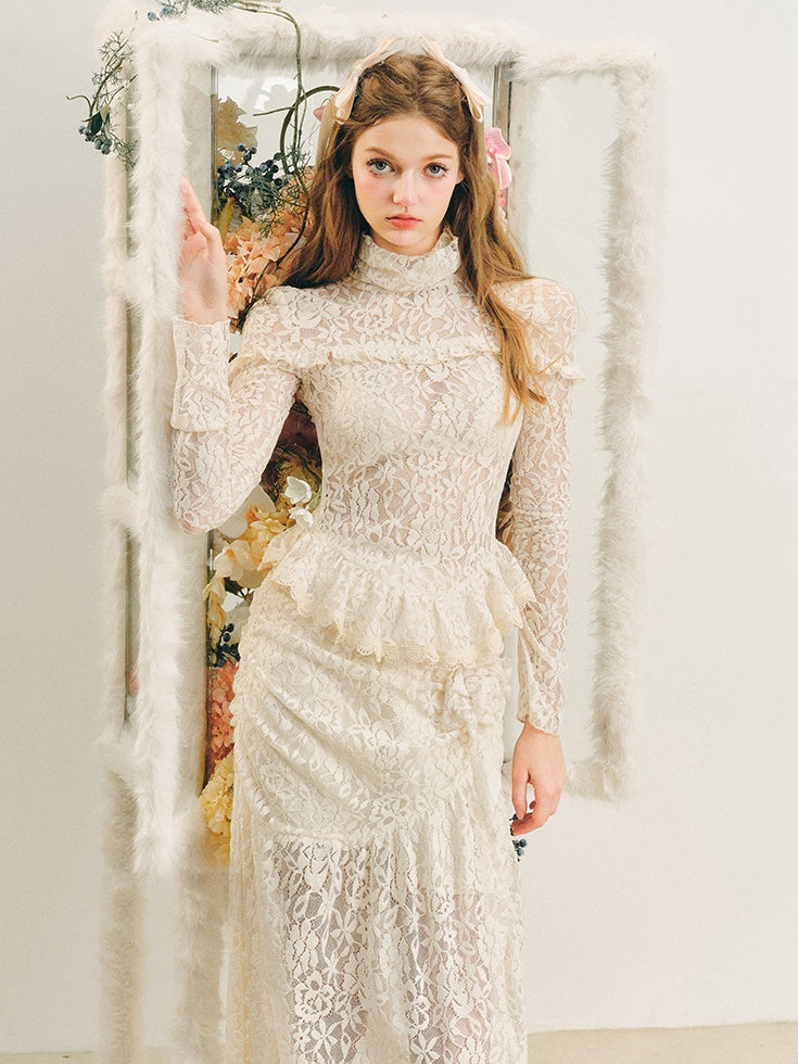 Lace High-Neck Peplum Design Top & Embroidered Lace Skirt