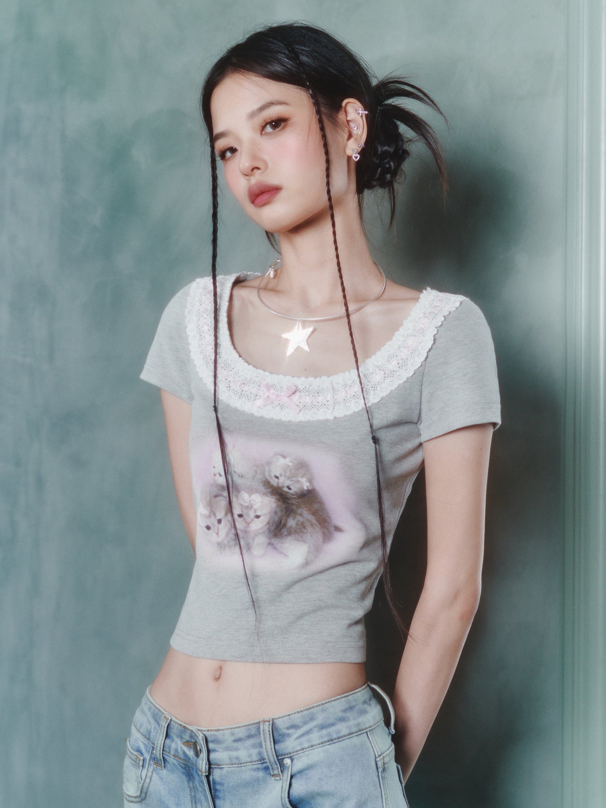 새끼 고양이 프린트 레이스 가장자리 짧은 티셔츠