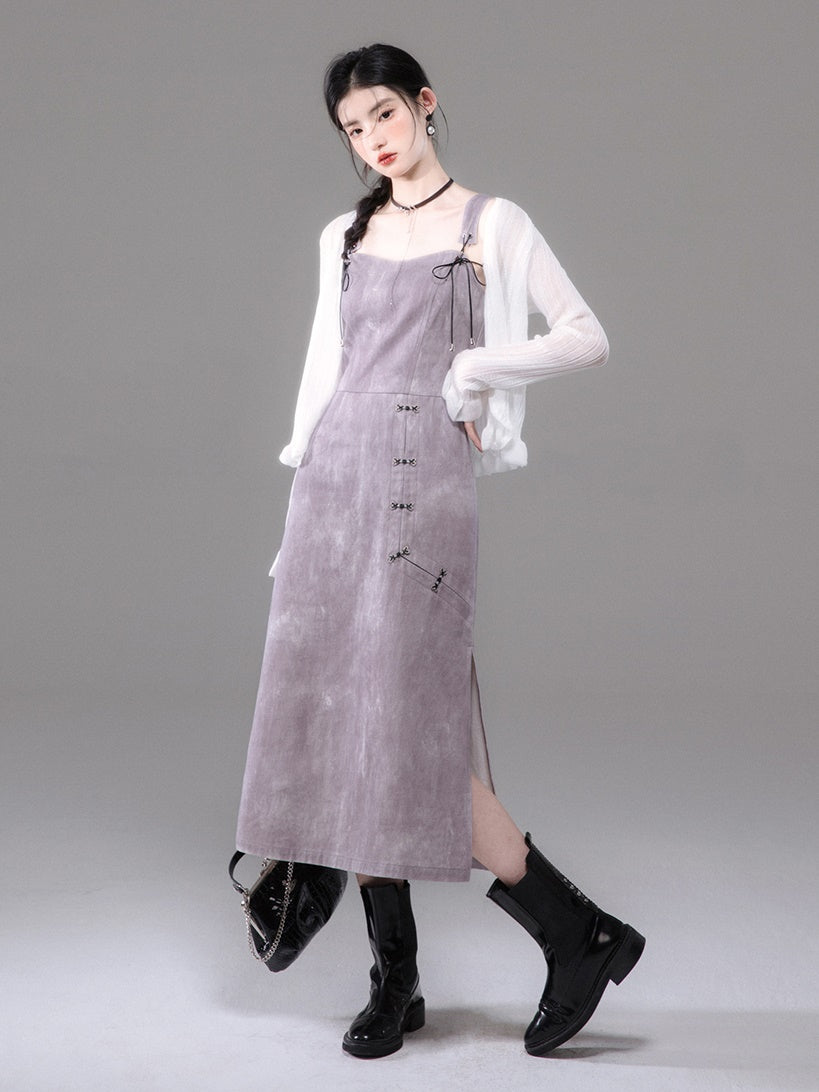 Chinese Style French Sleeve Cutsew & Tie-Dye Printed Suspender One-piece Set-up