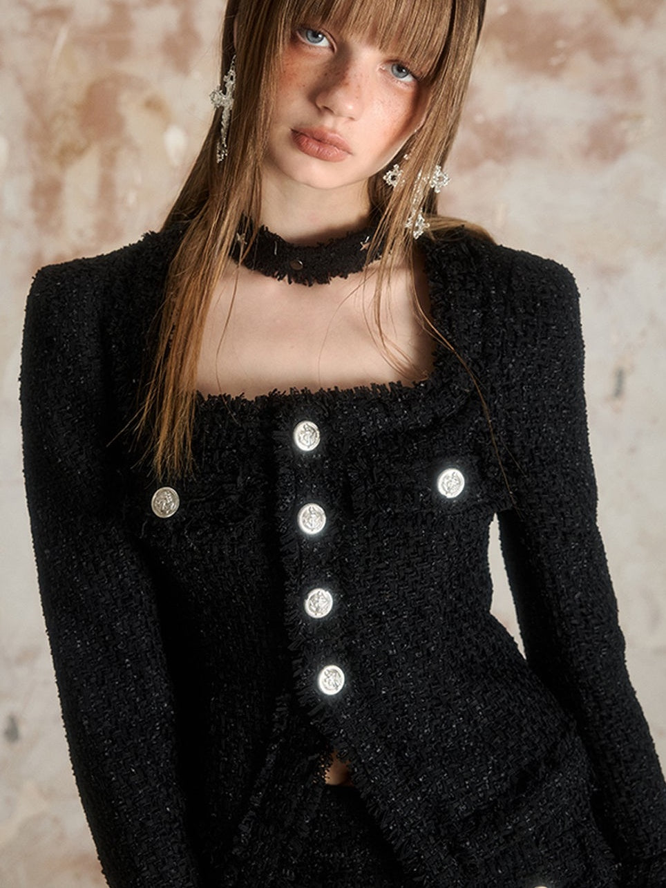 Square Collar Tweed Short Jacket & Tight Skirt
