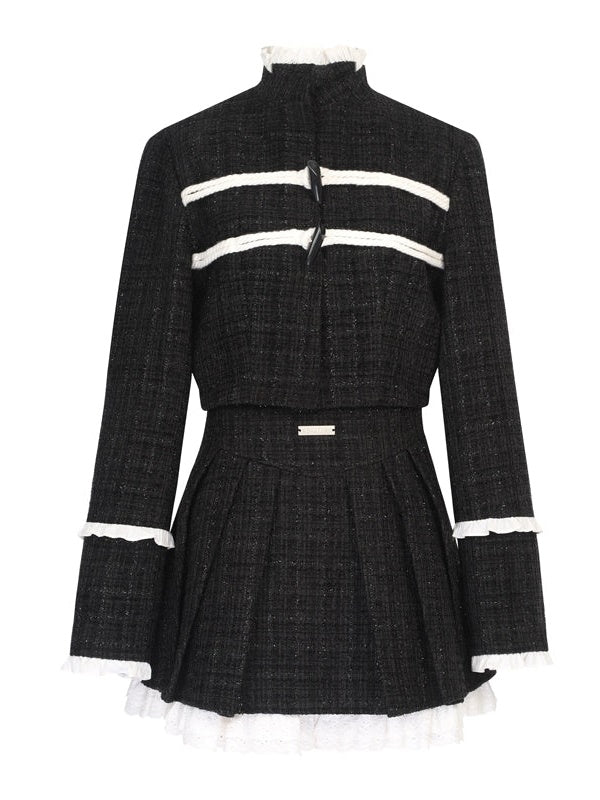 Tweed Stand-Collar Cropped Jacket & Lace Stitch Short Pleated Skirt