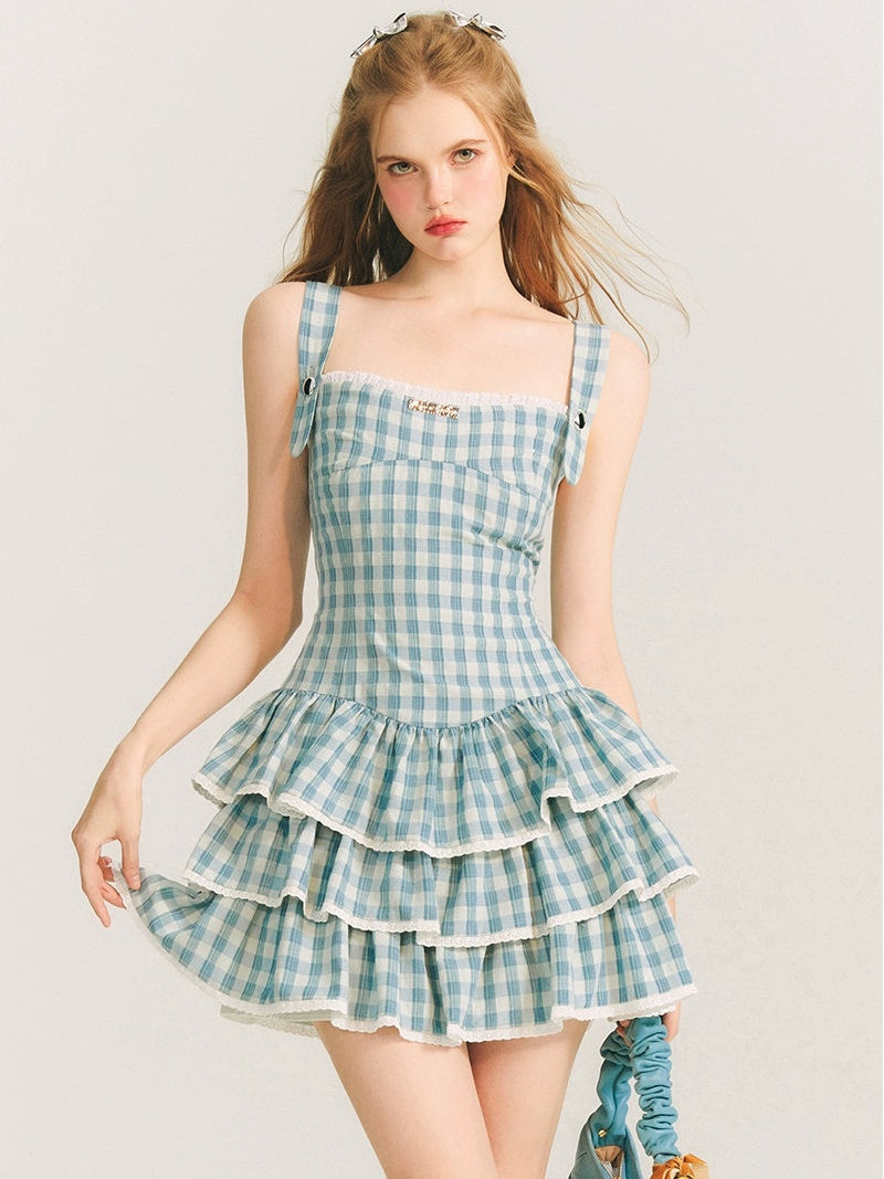 Plaid Strap Puff Skirt Dress ARCANA ARCHIVE