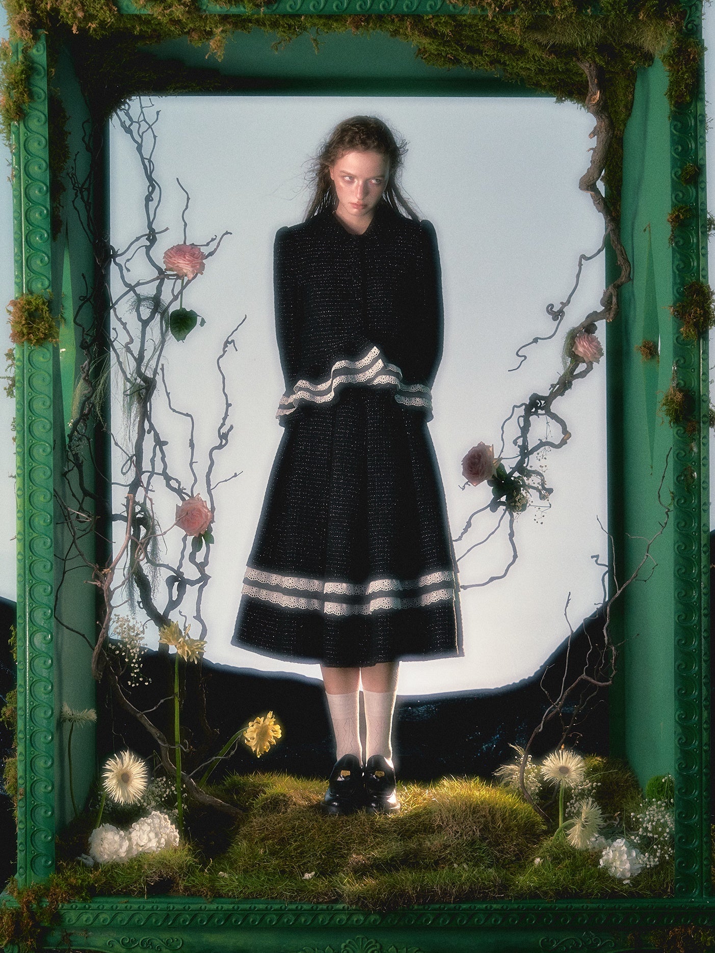 Irregular Lace Hem Jacket & Flare Pleated Skirt