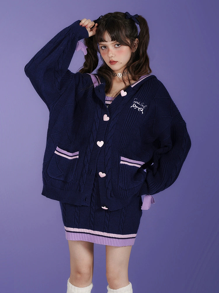 Line Design Hooded Knitted Cardigan & Cable Knitted Slip Dress