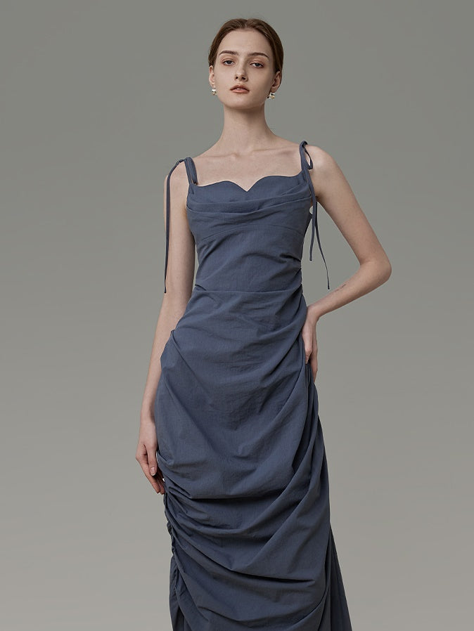 Curved Neckline Drape Suspender Dress