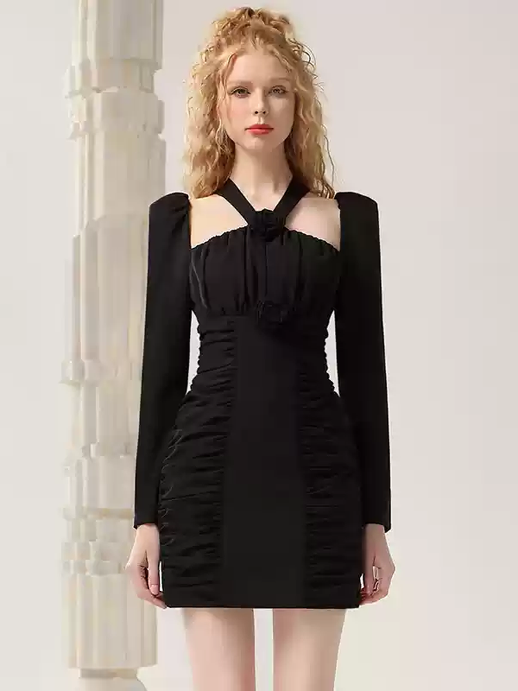 Halter-Neck Short Simple Long-Sleeve Dress