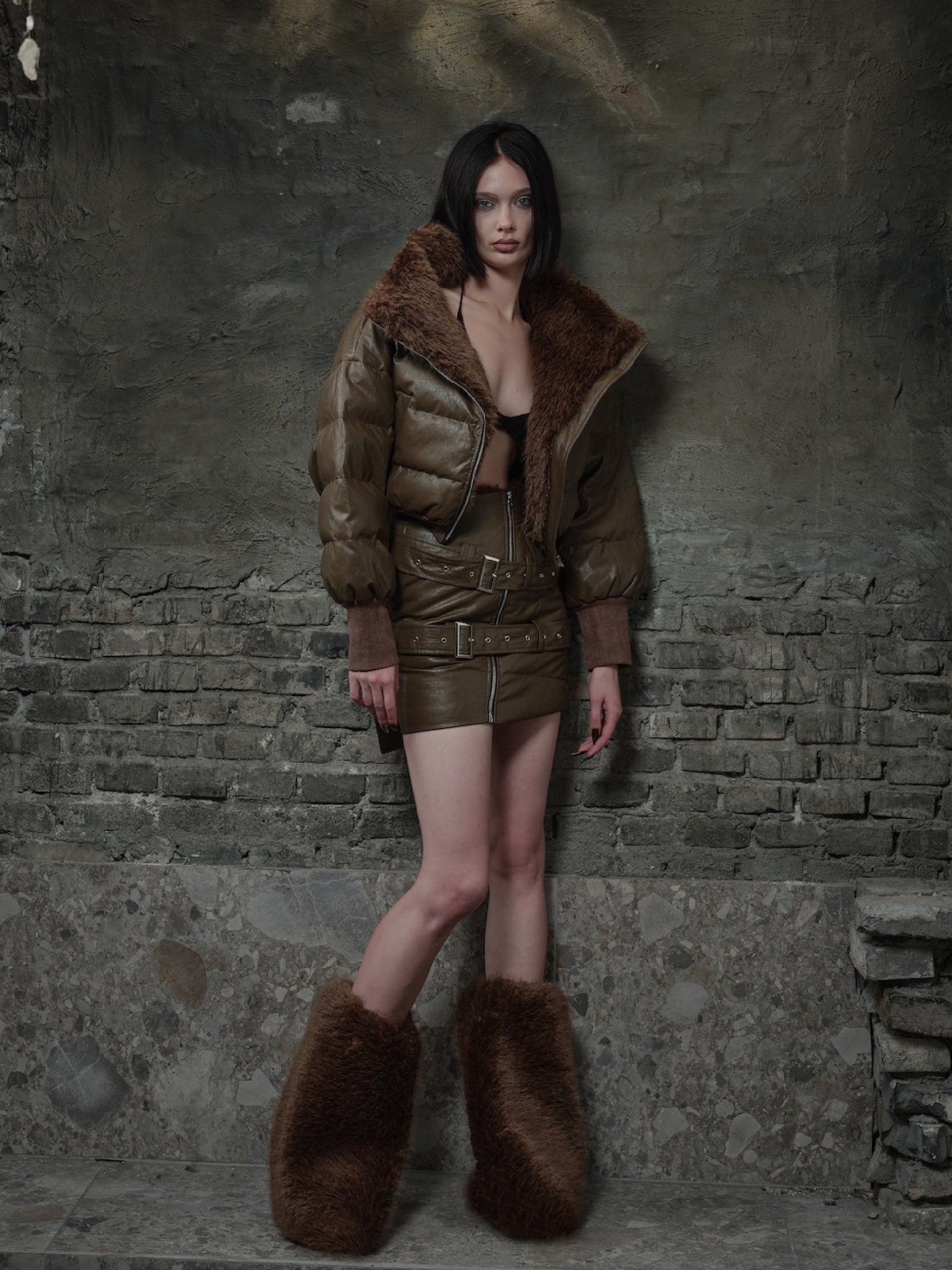 Fur Collar Short Down Jacket & Slant Zipper Skirt